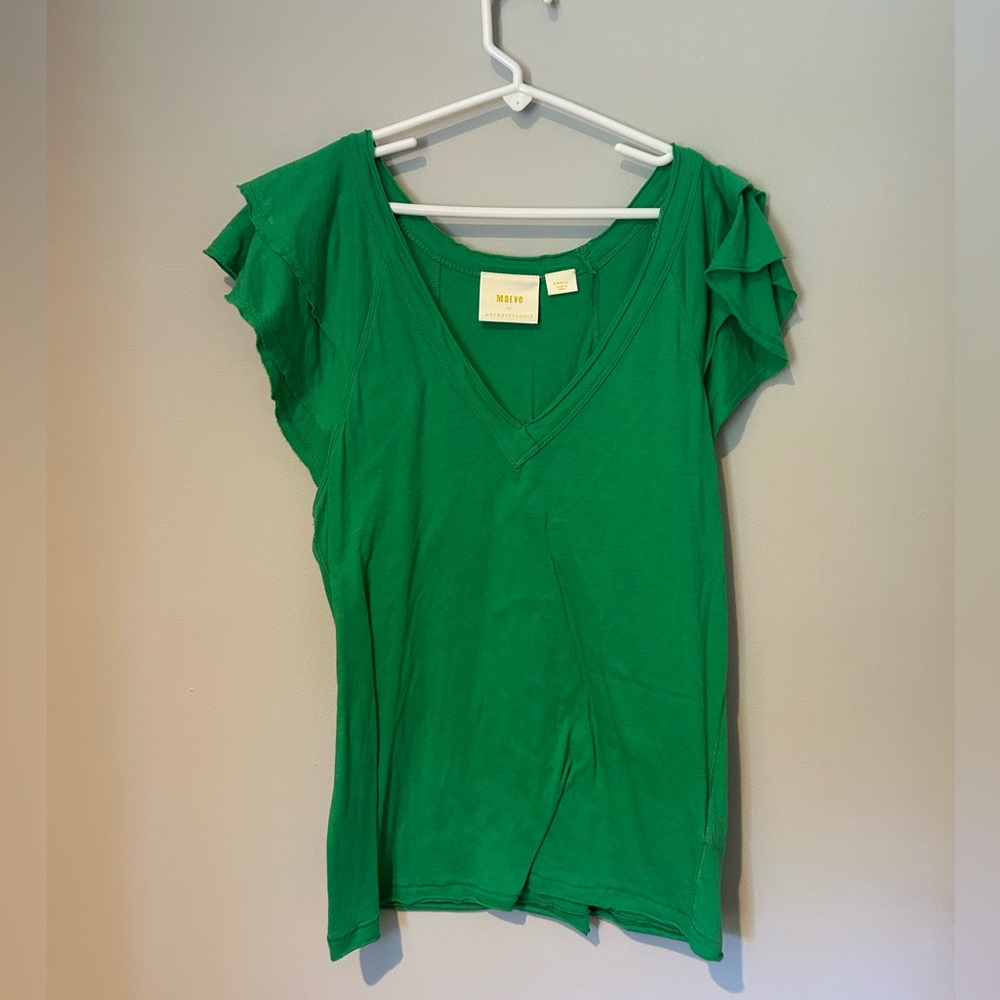 Anthropologie Bright Green V-Neck Ruffle Sleeve Tee